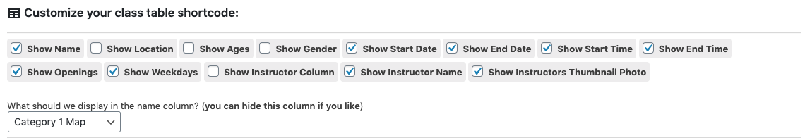 class table shortcode options