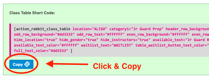 copy the class table shortcode